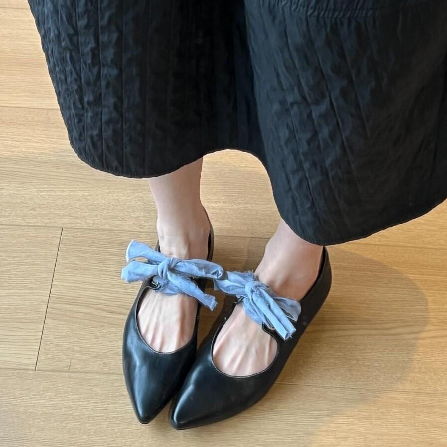 Sheepskin Version~ French Temperament Mary Jane Shoes Retro Literary Pointed Head Lace-up Bow Flat Bottom Shallow Mouth Single Shoes Women