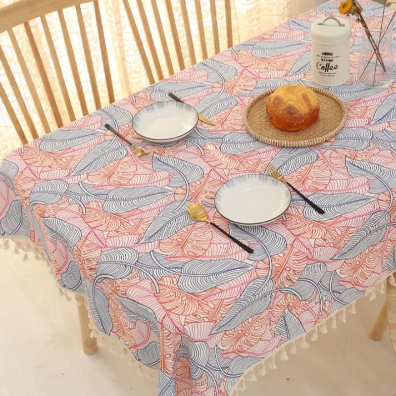 Pastoral Style Cotton and Linen Tea Table Towel Fashionable and Minimalist Green Leaf Tablecloth Rectangular Tassel Table Cloth Large Size Table Cover