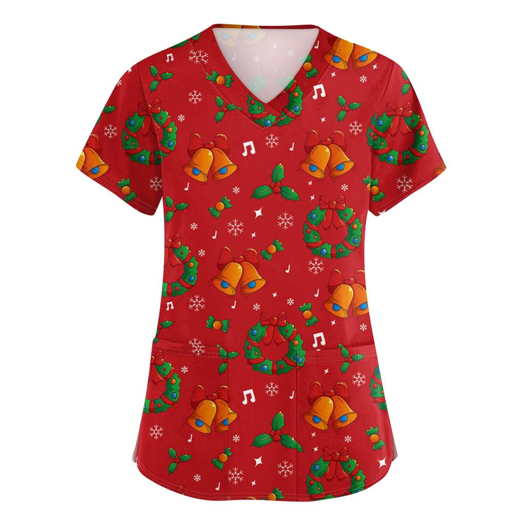 Women's V-neck Christmas Printed Short-sleeved Pocket Side-slit Protective Suit Top