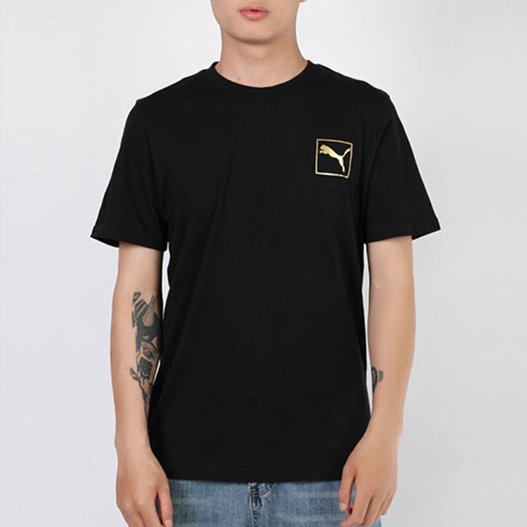 Puma Embossed Gold Logo Crew Neck Short Sleeve T-Shirt Men Tops Black 587582-01