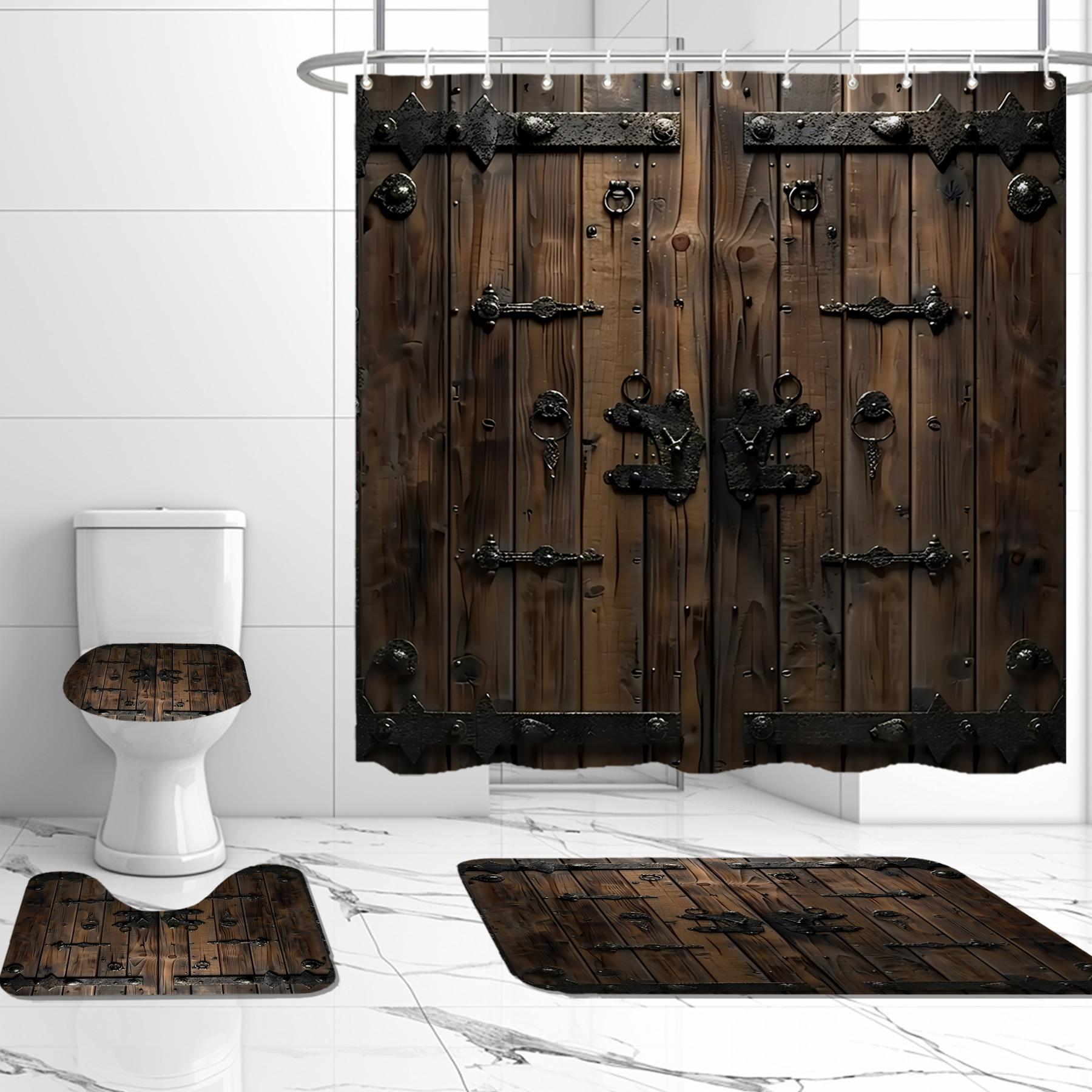 

Wooden Door Pattern Printed Shower Curtain Set With 12 Hooks, Modern Bathroom Decor, Polyester Knit Fabric, Water-Resistant, Mac W60H190(CM)-1 Pcs