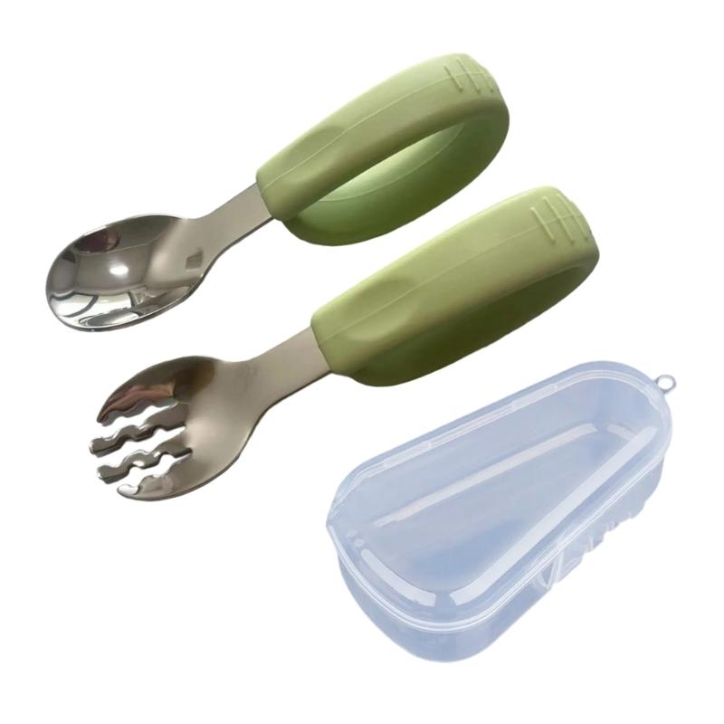

Children s Dining Utensils Set Bendable/Straight Head Part Stainless Steel and Nonslip Silicone Handle for Easy Feeding зелёный