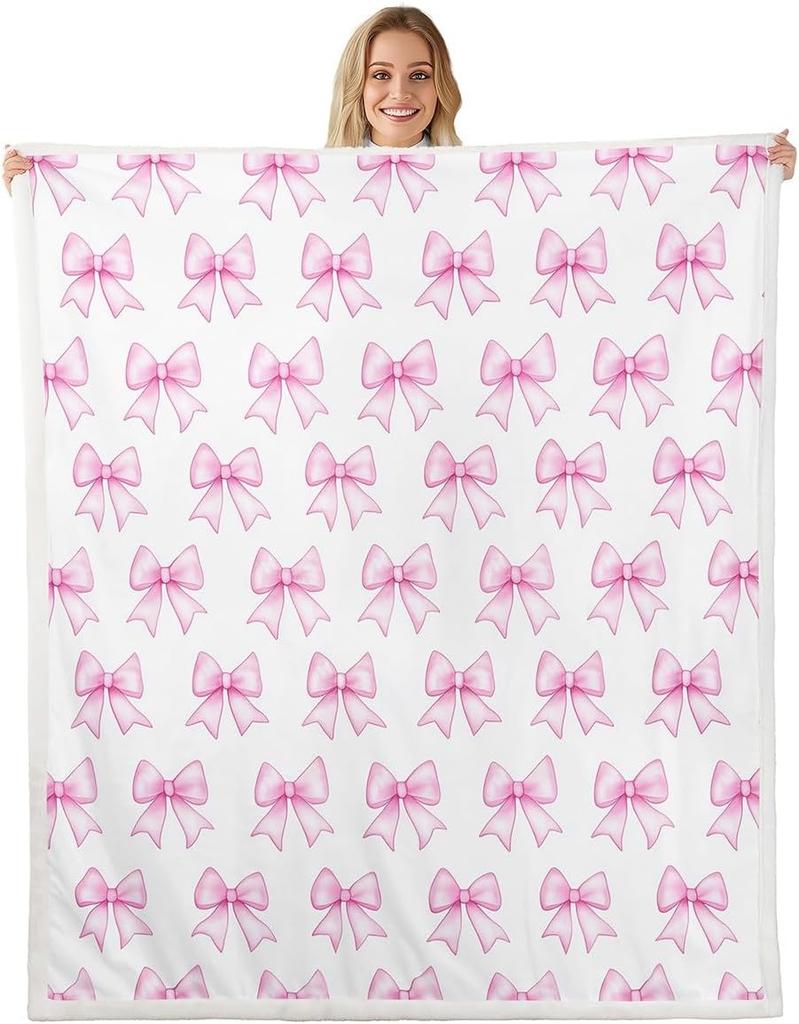 Blue Bow Pattern Blanket Soft Fleece Throw Elegant Home Decor Gift for Women Girls Bedroom Bedding Cover