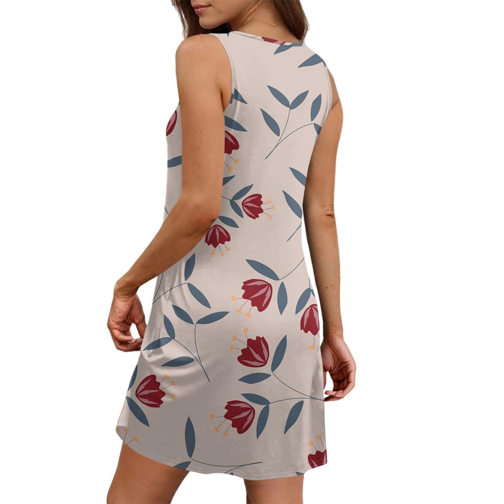 Women's Summer Casual Square Neck Floral Print Dress Sleeveless Dress With Pockets