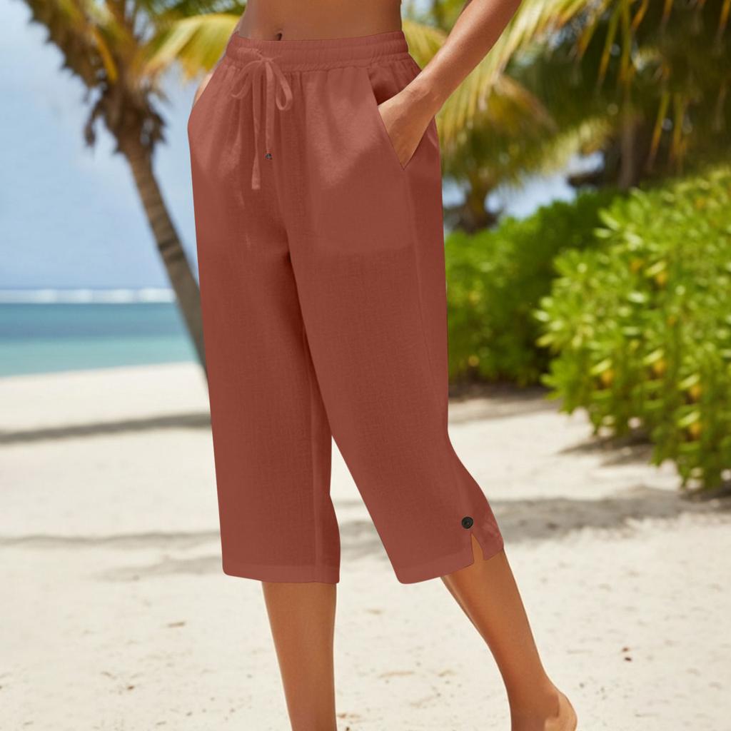 Women's -color Cotton And Linen Three-quarter Length Pants