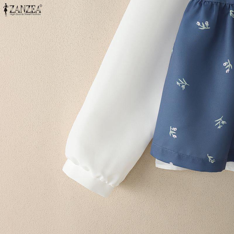 ZANZEA Women Casual Doll Collar Loose Long Sleeve Patchwork Blouse