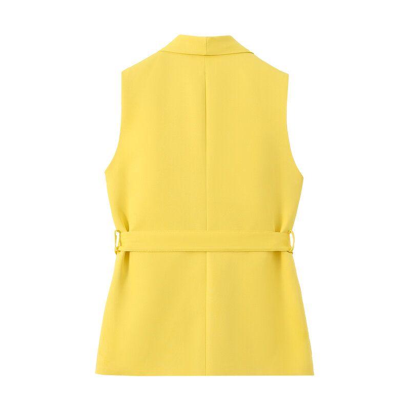 Fashion Style 2024 Summer New Arrival Women's Clothing Elegant All-Matching Sleeveless Stylish Slim Looking Yellow Belt Vest