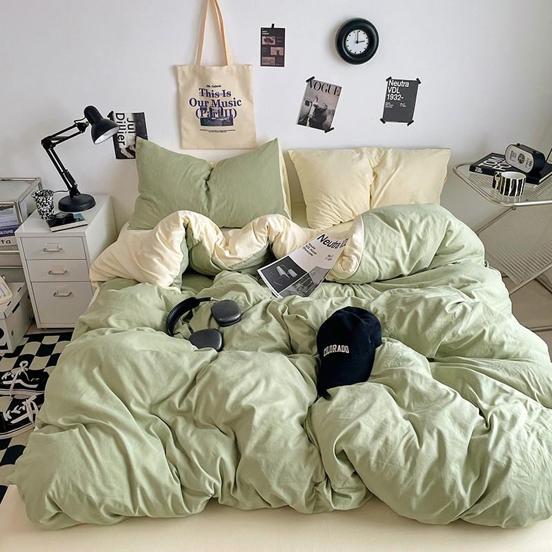Washed Cotton Bedding Set Solid Color Brushed Bed Sheets Dorm Home
