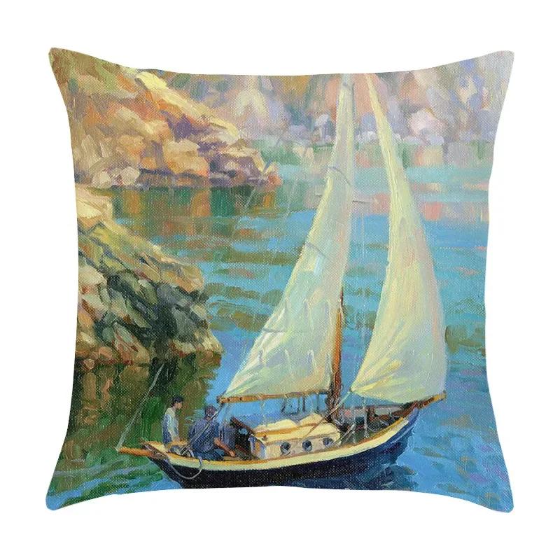 Beautiful Oil Painting Sail Sailing Landscape Print Pattern Cushion Cover Home Living Room Sofa Decoration Pillow