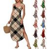 Women's Summer Long Dress, Sleeveless with Side Slits, Long Plaid Printed Vest Dress
