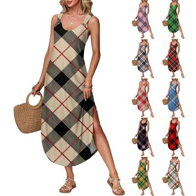 Damen Sommer langes Kleid, ärmellos mit Seitenschlitzen, langes kariert bedrucktes Westekleid