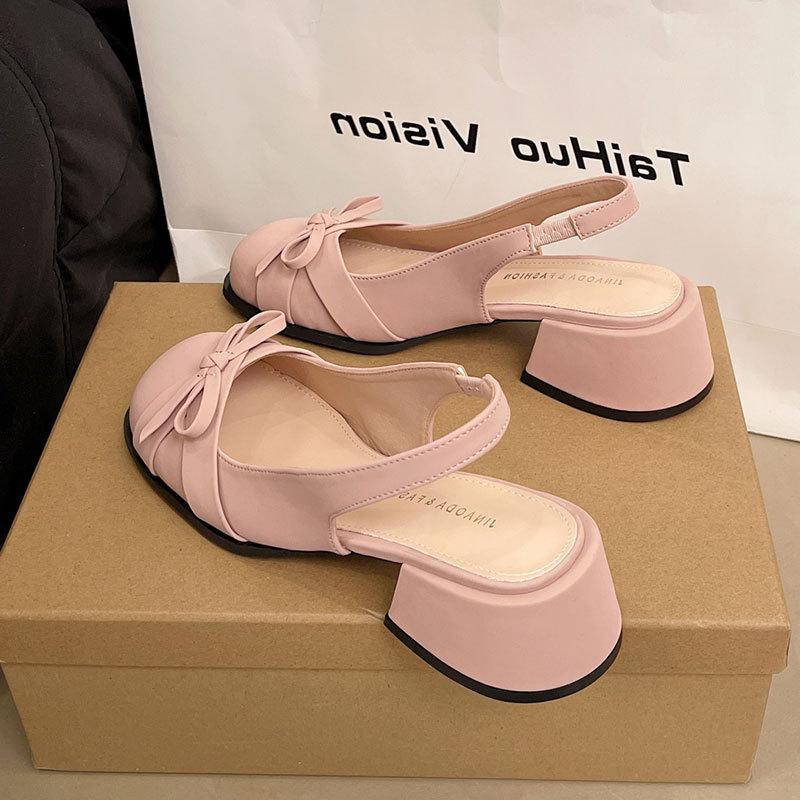 Fashion Pink Mary Jane Women's Shoes Thick Heel Summer New Bow Satin Bag Head Empty Sandals Women