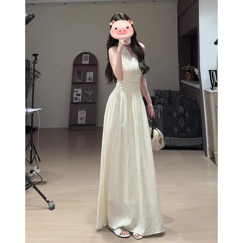 French White Sleeveless Neck V-neck Dress for Women's Summer New Beautiful Waist and Thin Big Swing Dress