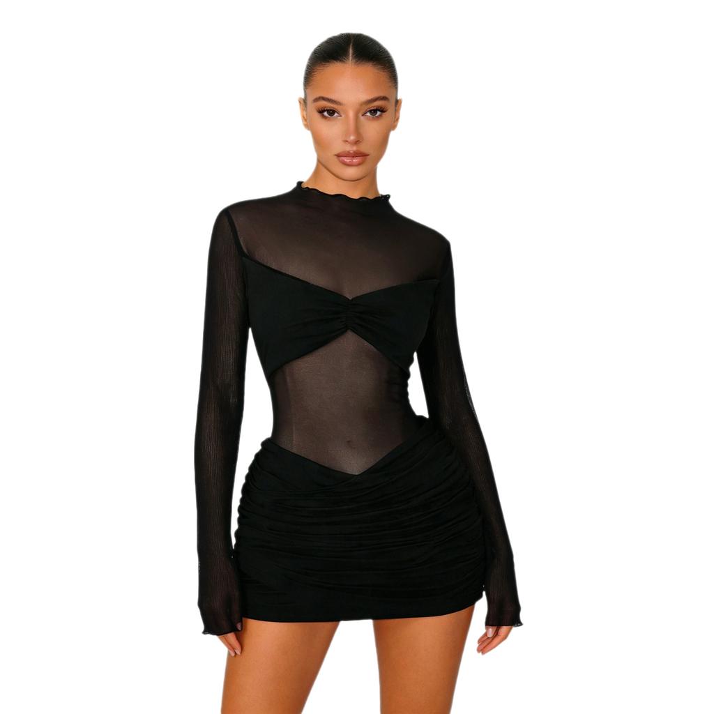 European and American new perspective mesh long-sleeved slim-fit dress popular sexy Spice Girl style black short dress