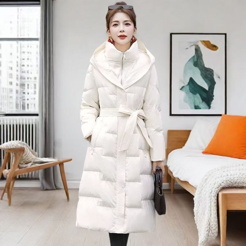 Zimní dámský kabát s kachním peřím, dámský s kapucí, na zip, dlouhý svrchní oděv, ležérní, tlustý, teplý, jednobarevný kabát s páskem