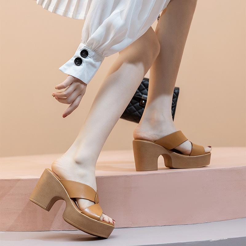 thick-heeled sandals women's summer leather retro high heels new thick-soled waterproof table large cross-strap shoes