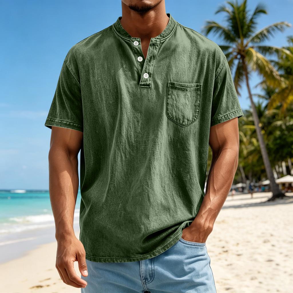 Men's Casual Short Sleeve Henley Shirt Lightweight Breathable Button Front Pocket Tee Top