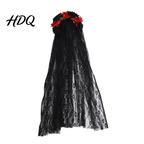 Integrated Headband Gothic Style Hair Hoop Hollow See-Through Lace with Simulated Flowers