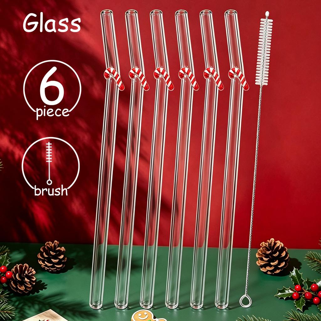 6pcs Christmas Glass Straws Set with Brush Reusable Glass Straw Suitable for Milkshakes Juices Coffee Kitchen Bar Accessories