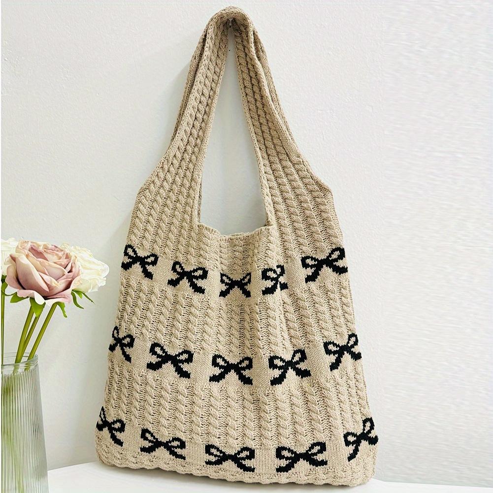 Knitted Handbags Large Capacity Bow Pattern Crochet Tote Bag Bow Pattern Crochet Tote Bag Multifunctional Knitted Shopping Bag