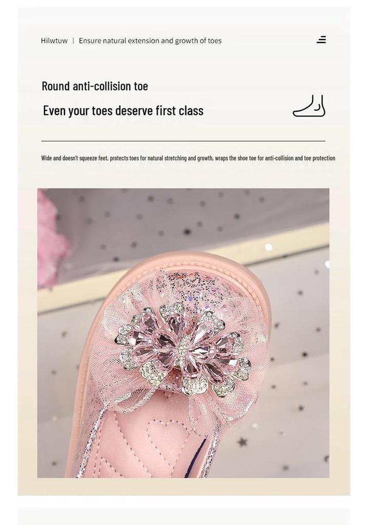 2026 Spring Girls' Princess Crystal Soft Sole Leather Shoes