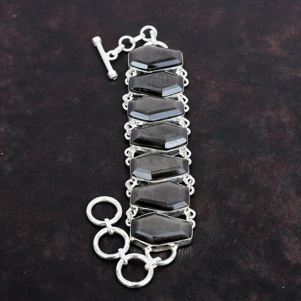 Pulseira facetada de obsidiana prateada com brilho, joia de pedra preciosa, pulseira de prata esterlina 925, pulseira com corrente ajustável, pulseira feita à mão para presentes