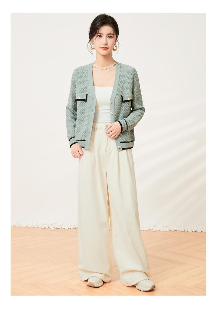 Spring and Autumn Solid Color V-Neck Long-Sleeved Jacket with Contrasting Design Women's Knitted Sweater
