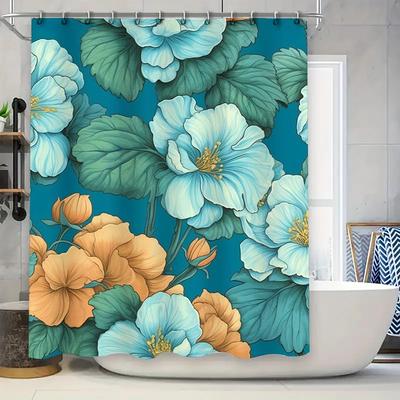 Modern Blue Floral Print Shower Curtain Waterproof Bathroom Decor Variety Colors Available