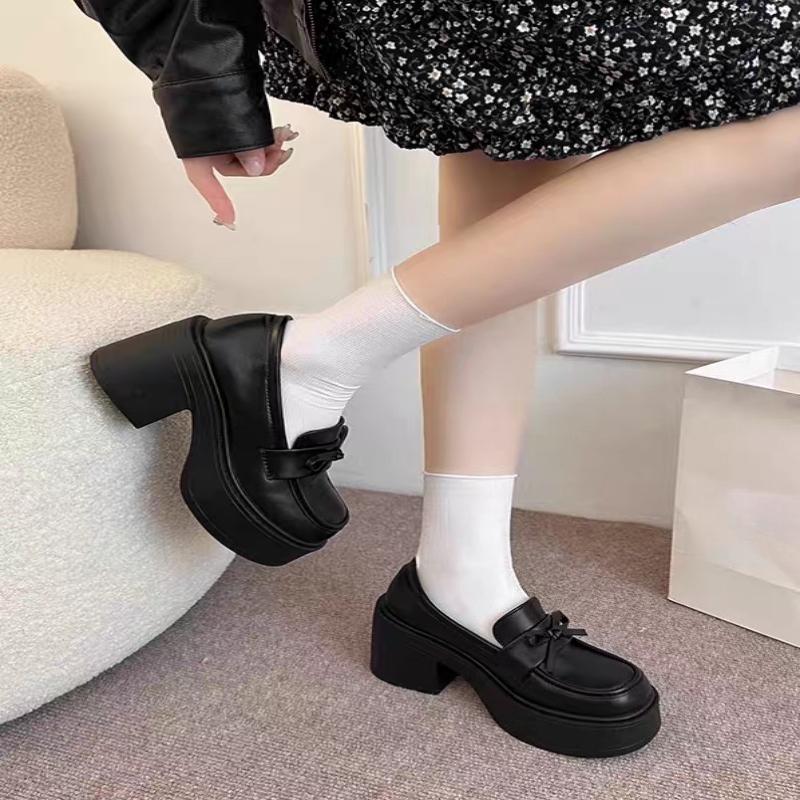 Fashionable New Comfortable And Durable Women'S Single Shoes Elegant Spring And Autumn Bow Tie Thick Soled Casual Shoes