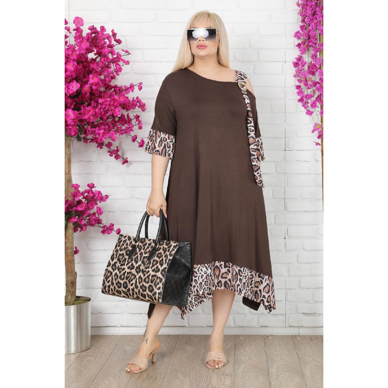 

Asymmetrical Cut Shoulder Detailed Buckle Leopard Pattern Viscose Lycra Dress 42-44 коричневий