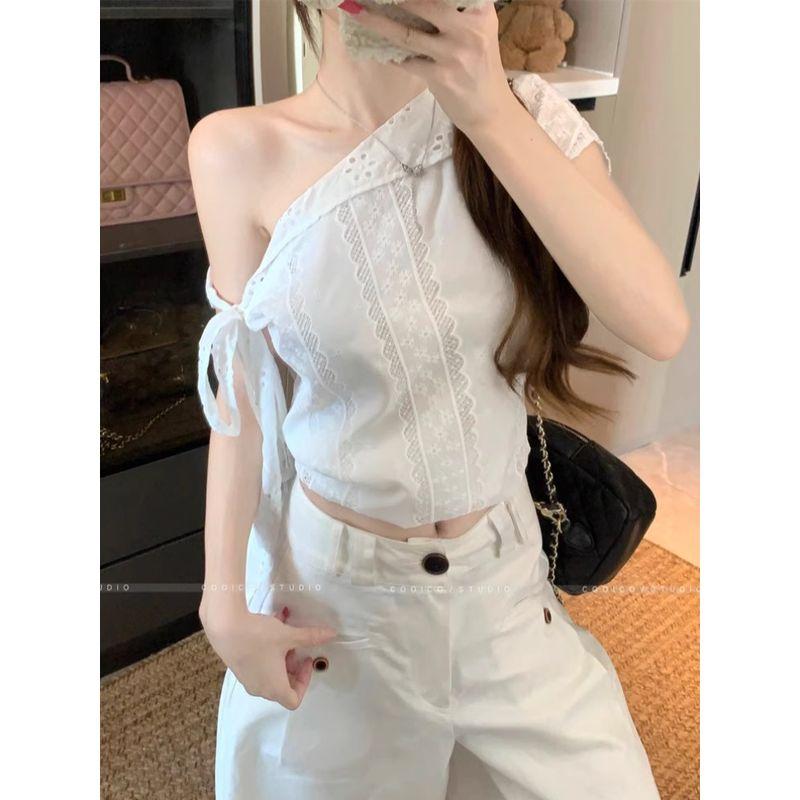 Kumikumi Design Sense Lace White Silk Crochet Sloping Shoulder Short sleeve T-shirt Women Summer Slimming Versatile Top