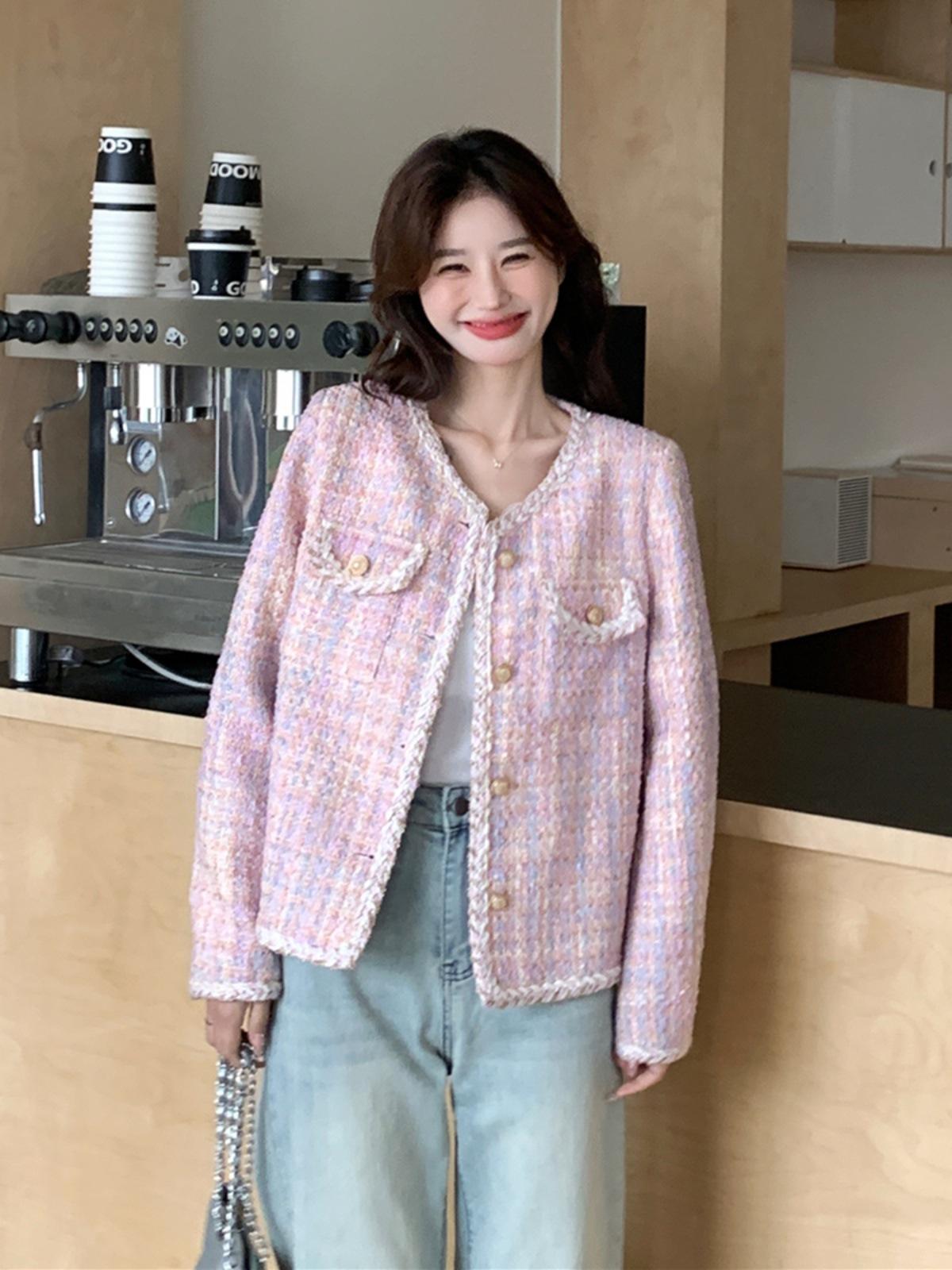 

Pink Xiaoxiangfeng jacket, spring and autumn women s new Korean sweet celebrity style age-reducing tweed short top XL рожевий