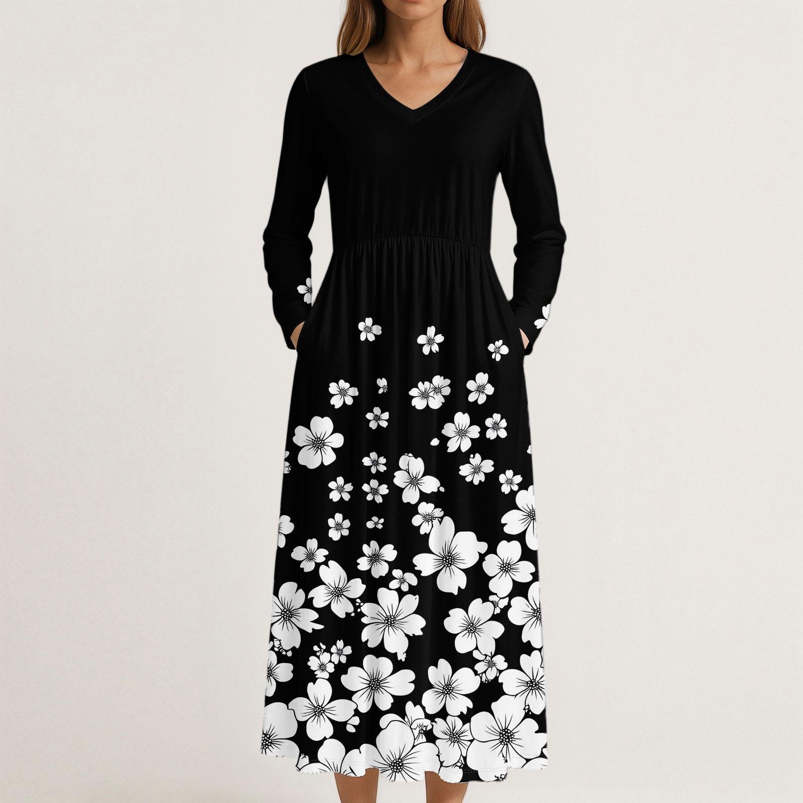 Dress For Women Long Boho Beach Dress Elegant Maxi Dress V-Neck Long Sleeve Dress With Pockets S чёрный