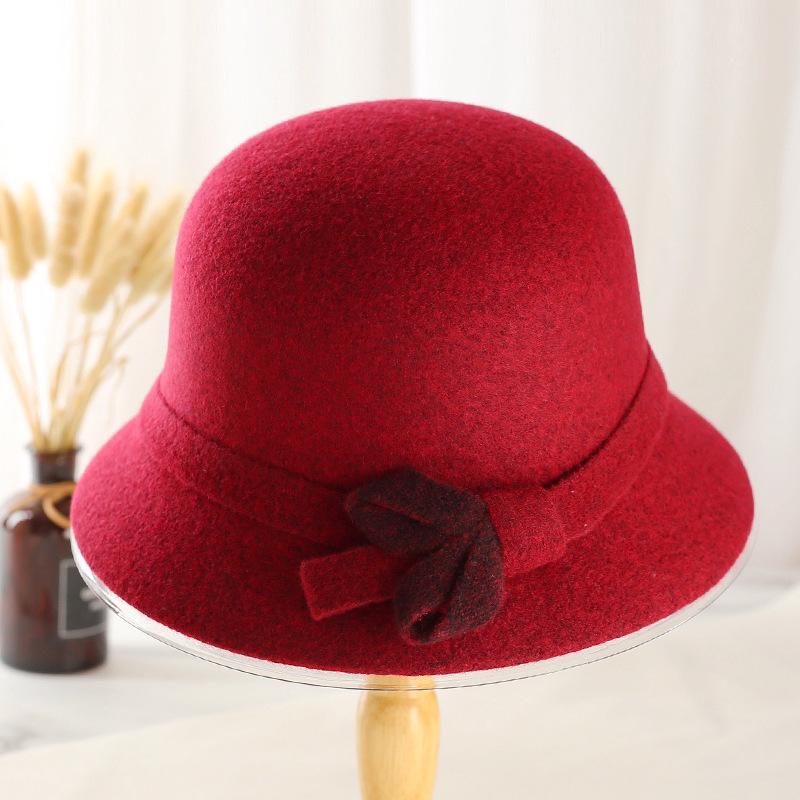 Nowy jesienno-zimowy kapelusz rybacki dla starszych kobiet, dekoracja z węzłem liściowym, damski brytyjski gruby ciepły wełniany kapelusz garnkowy