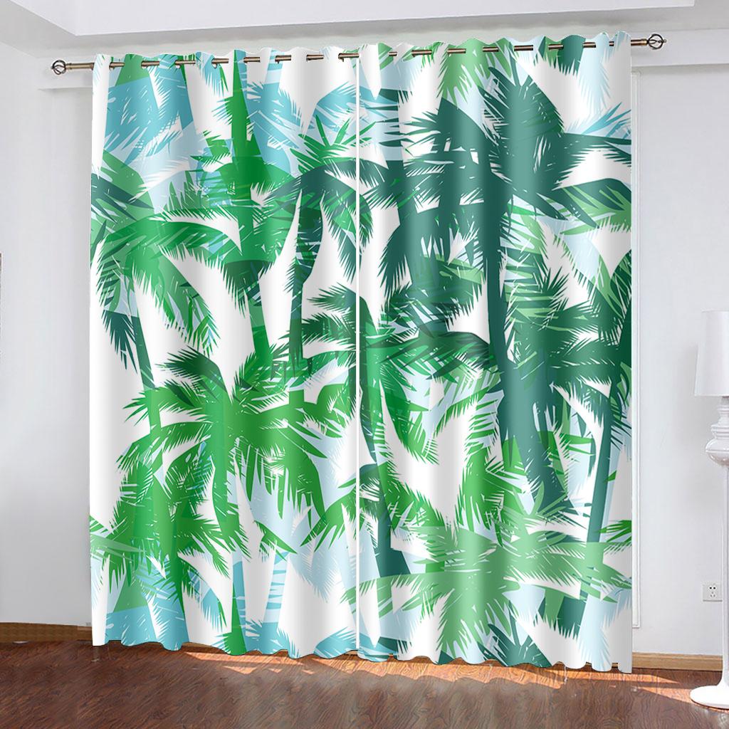 Tropical Leaf Printing Woven Curtains Two Separate Curtains on The Left and Right of The Bedroom  Blackout Curtains