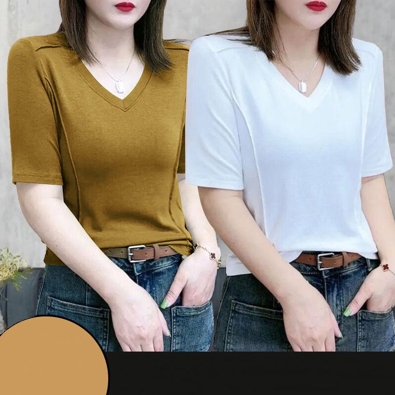 Women's European-Style Ribbed V-Neck Short-Sleeve Slim-Fit T-Shirt, Yellow-Green/Apricot