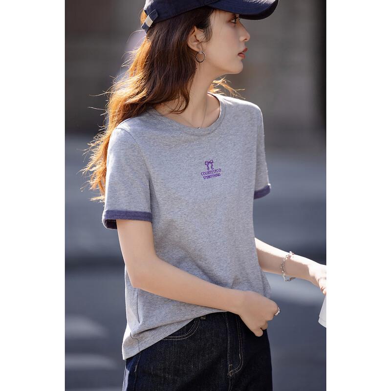 Damen Baumwolle Color-Block Bestickt Pailletten Kurzarm T-Shirt