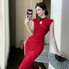 Summer Slim-fitting Dark Flower Festive Disc-buckled Cheongsam Sexy Waist and Thin Chinese Fashion Dress Women's Hip-wrapped Dress