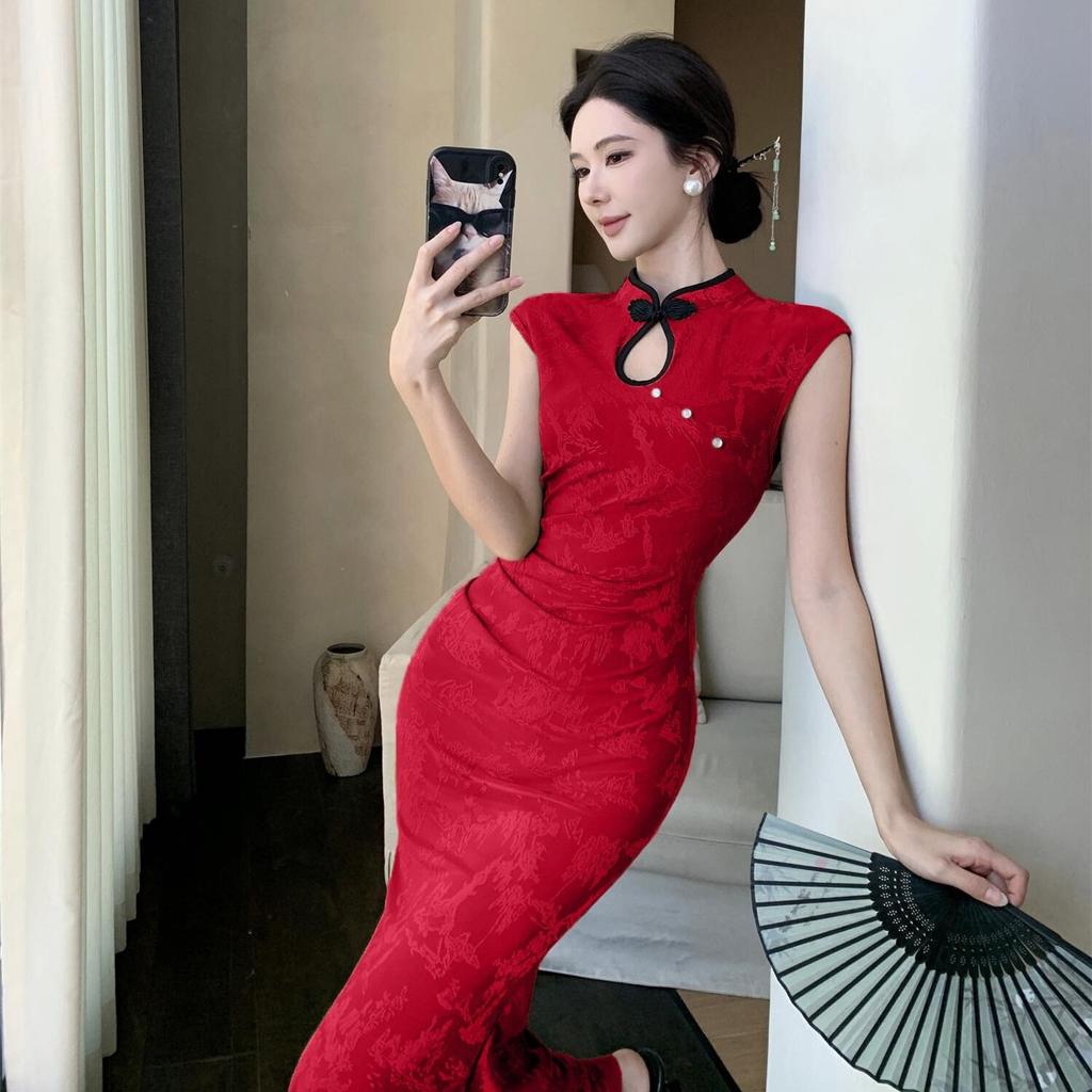 Summer Slim-fitting Dark Flower Festive Disc-buckled Cheongsam Sexy Waist and Thin Chinese Fashion Dress Women's Hip-wrapped Dress