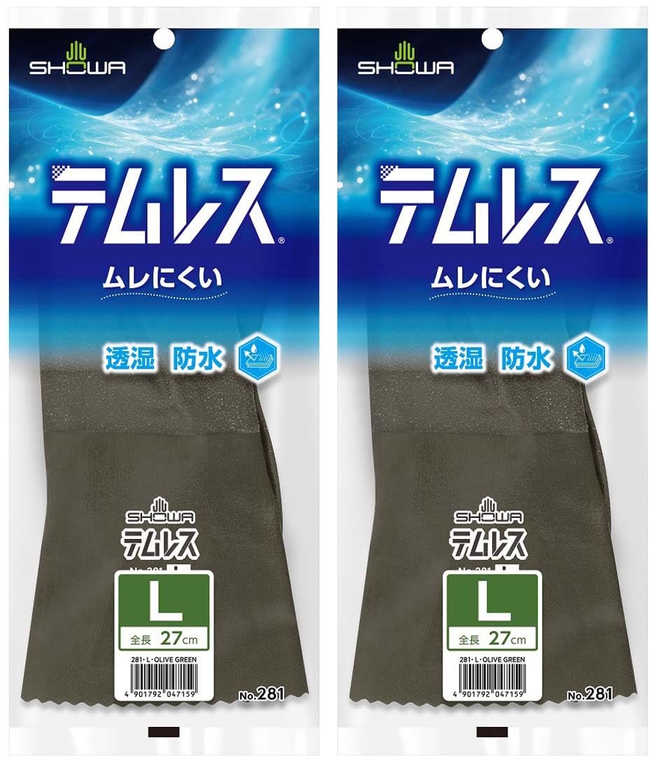 Showa Gloves Temres Дышащие Водонепроницаемые Рабочие Оливковые 1 Пара x 2 и 281 Перчатки, Большие, Зеленые, Упаковка, Легкие, Мягкие, Влагостойкие, №