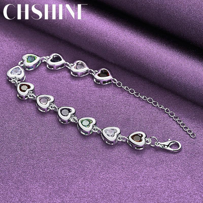 CHSHINE 925 Sterling Silver Heart Color Crystal Chain Bracelet For Women Wedding Fashion Jewelry