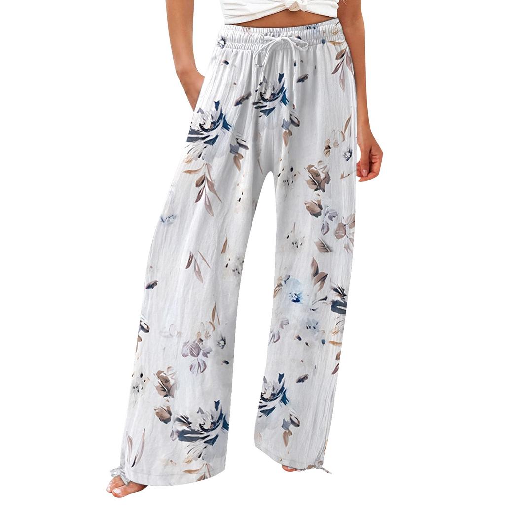 Women's  Casual Loose High Waist Cotton Linen Wide Leg Long Pants With Pockets