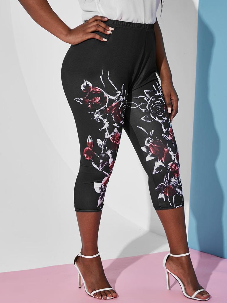 Rosegal Plus Size Capri Leggings med høy stige blomsterprint