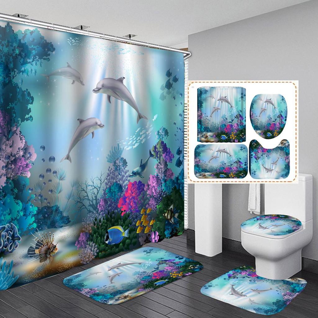 High-Definition Polyester Shower Curtain Set: Waterproof, Punch-Free Bathroom Partition with Mangosteen Design.