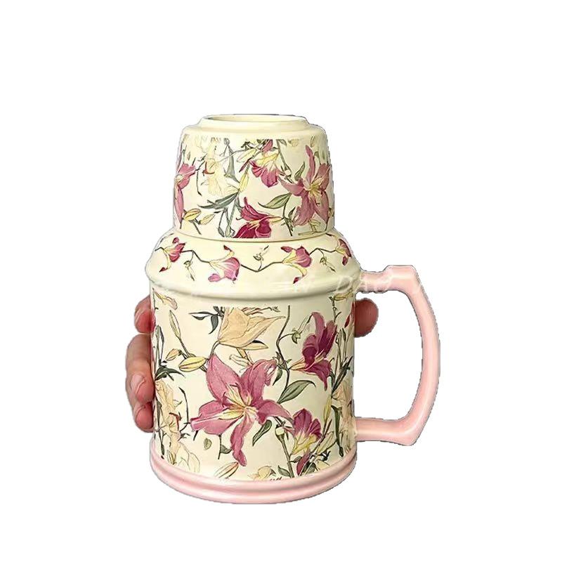 High Value Oil Painting Lily Kettle Cup Light Luxury Ceramic Water Cup Large Capacity Mug Household Afternoon Tea Water Cup