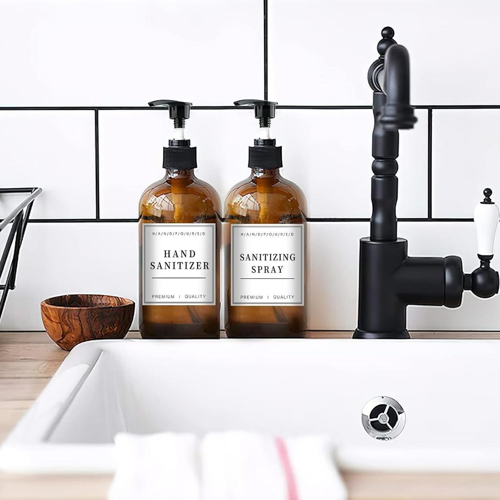16 PCS Waterproof Labels for Glass/Plastic Bottles, Bathroom/Kitchen Hand Soap Dispenser Label Stickers, Removable Cleaning Labels for Lotion,