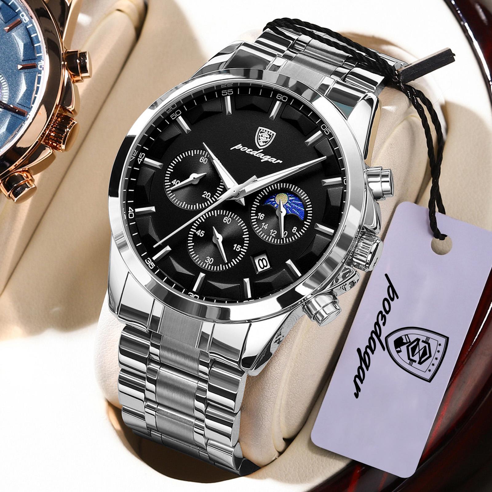 

POEDAGAR Man Clock Waterproof Luminous Stainless Steel Fashion Watch Chronograph Date Quartz Business Watches чёрный/серебряный