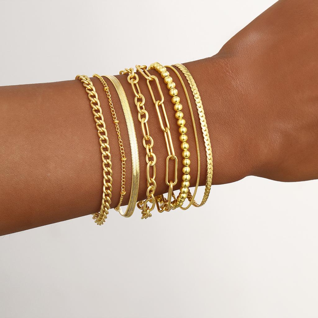 8 Pcs Gold Color Bracelet Set Boho Retro Thick Twist Cuban Beaded Chain Bracelet for Women 2025 Trendy Quality Jewelry Gifts