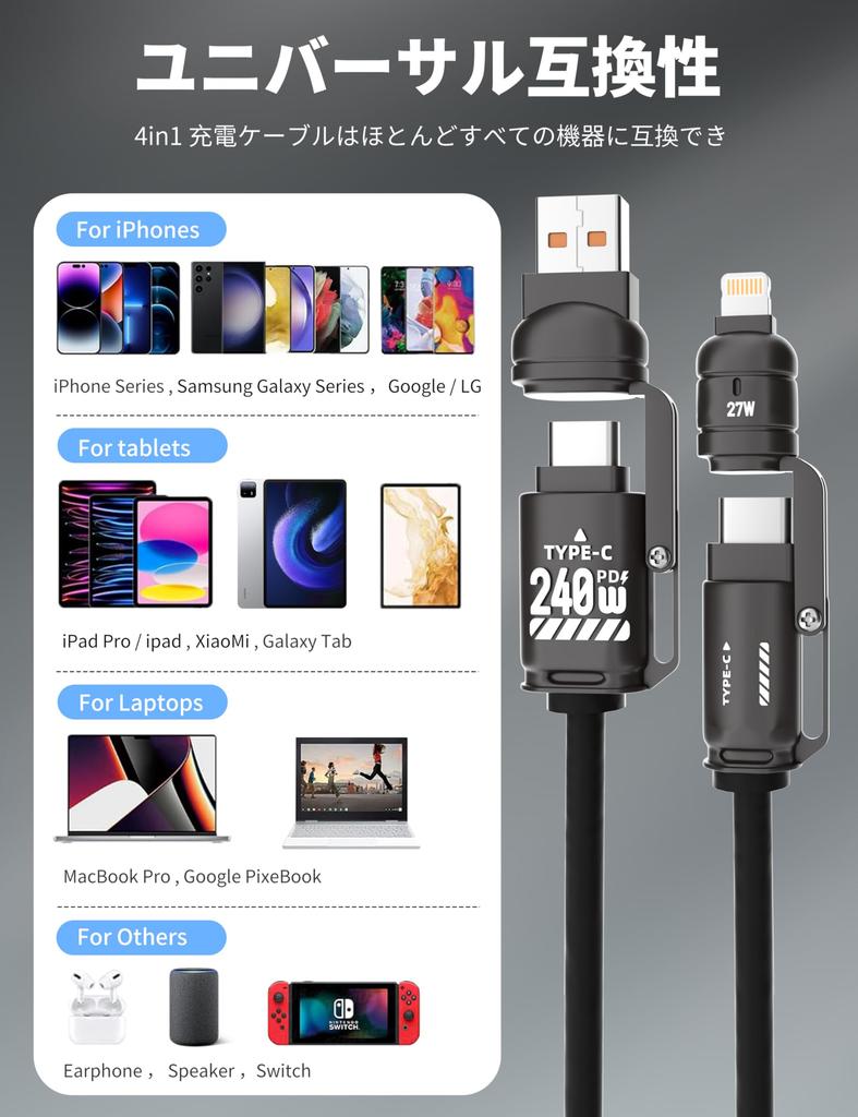 240W Retractable Spring Charging Cable Zinc Alloy Fast Charger PD27W 65W 240W 2m Braided for iPhone CarLife 4-in-1 / / USB-C/C-L