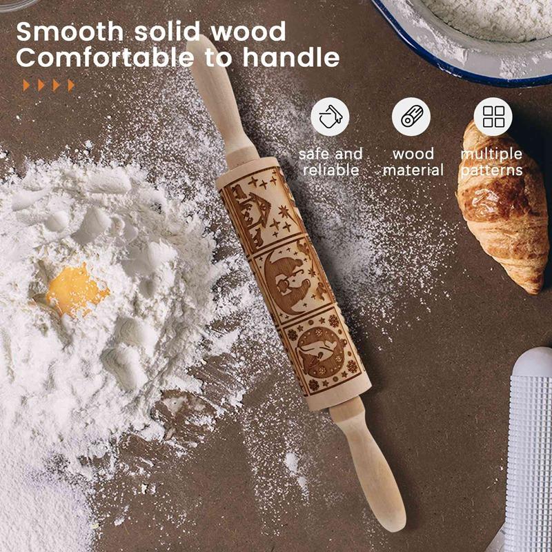 Nativity Pattern Xmas Christmas Wooden Embossing Rolling Pin With 9 Different Scene For Baking Embossed Cookies